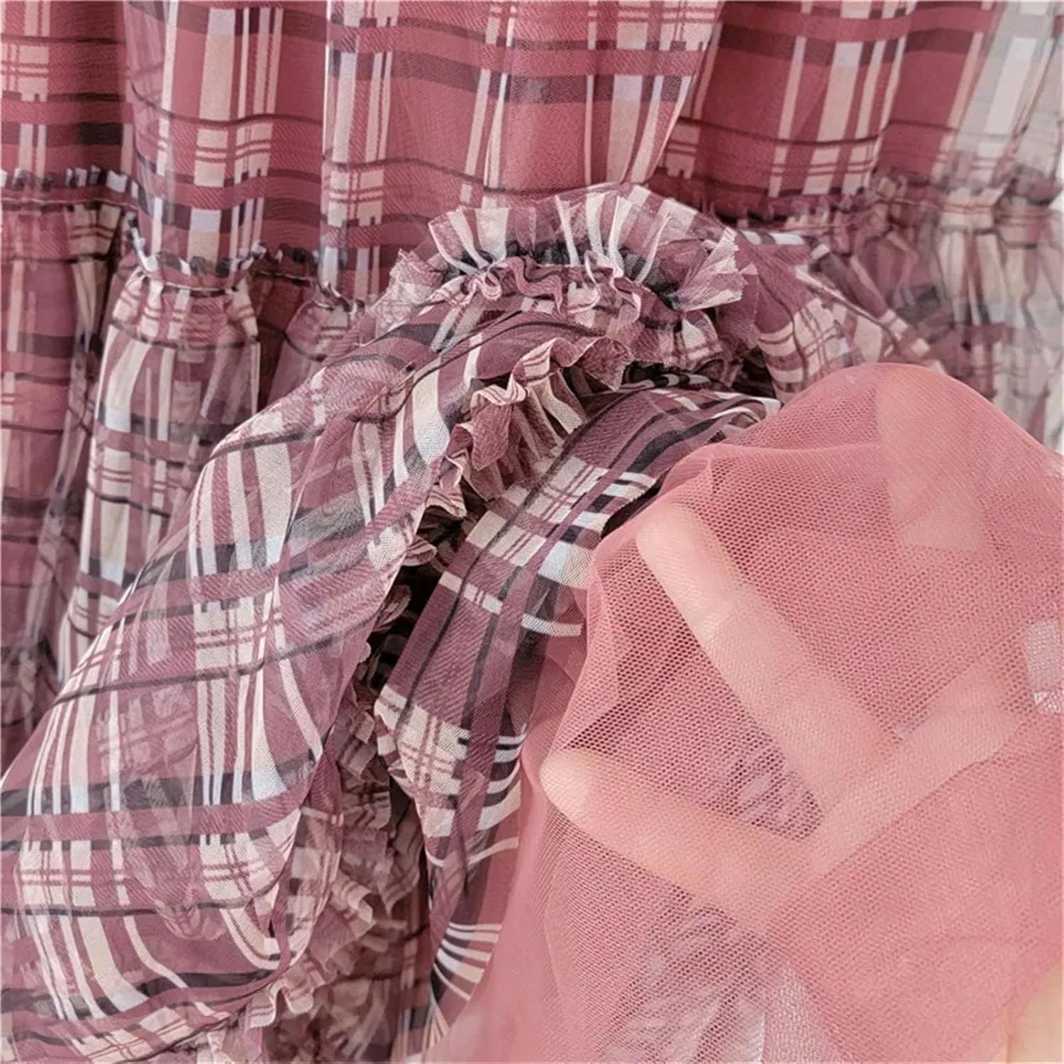 Women's Plaid Patchwork Skirt, Ruffled Hem Elastic Waist A-Line Skirt