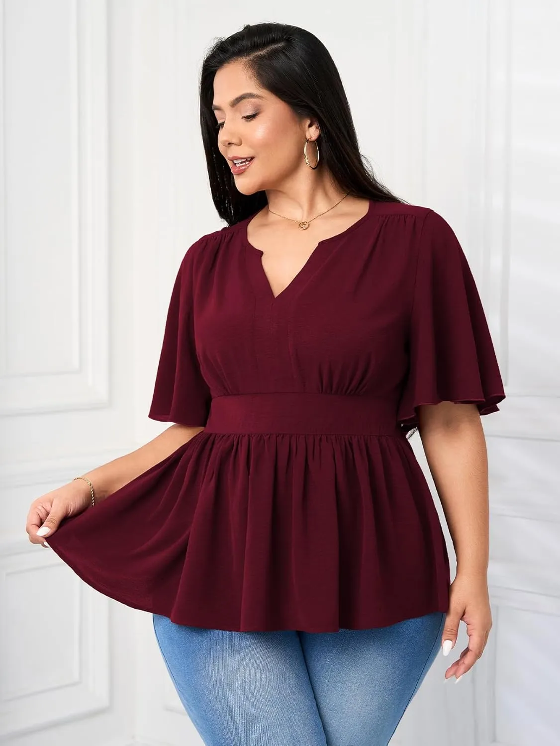 Women's Plus Size Peplum Tops V Neck Short Sleeve Summer Tops Babydoll Dressy Casual Top