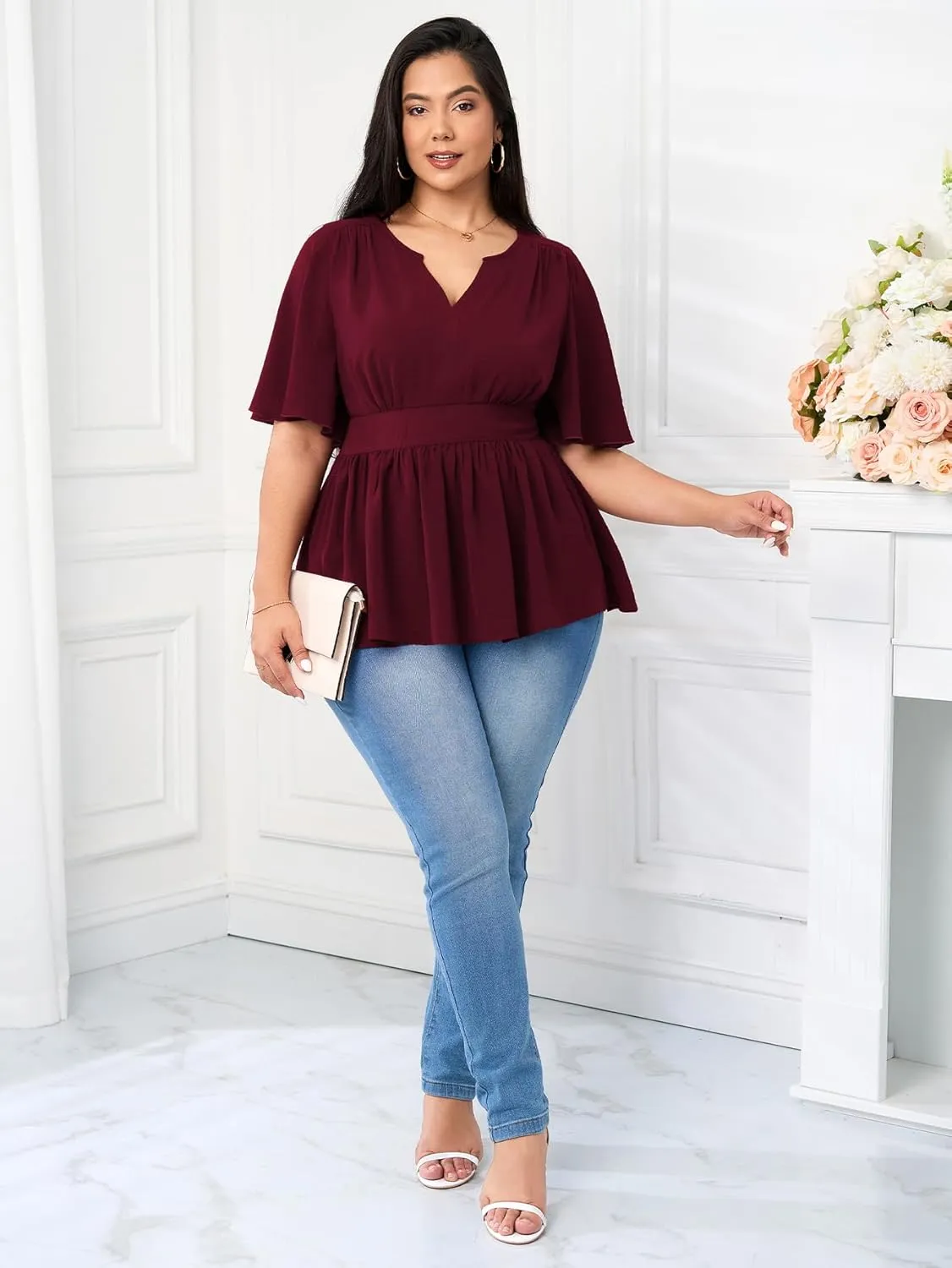 Women's Plus Size Peplum Tops V Neck Short Sleeve Summer Tops Babydoll Dressy Casual Top