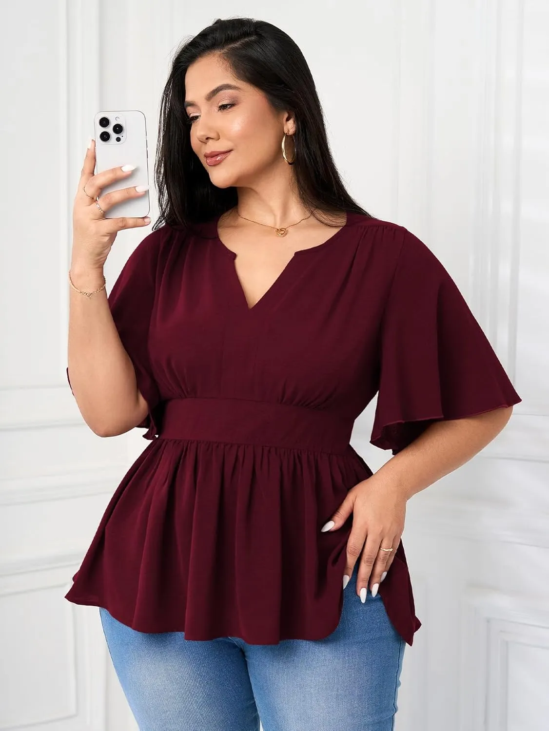 Women's Plus Size Peplum Tops V Neck Short Sleeve Summer Tops Babydoll Dressy Casual Top