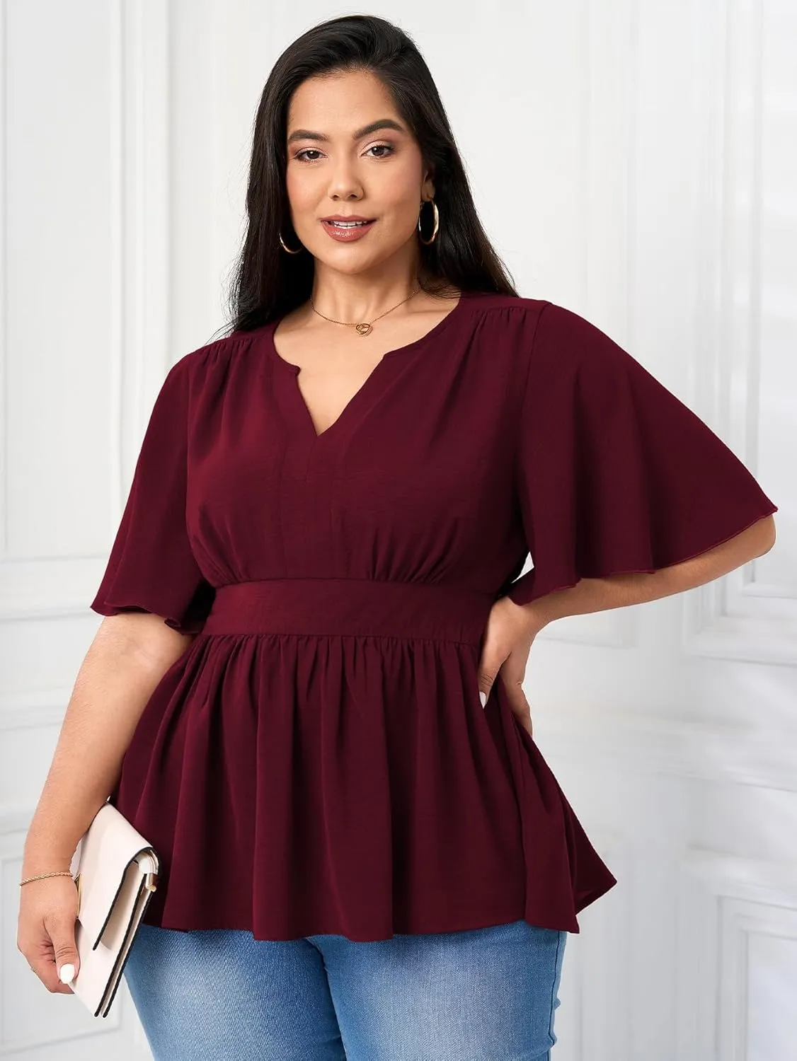Women's Plus Size Peplum Tops V Neck Short Sleeve Summer Tops Babydoll Dressy Casual Top