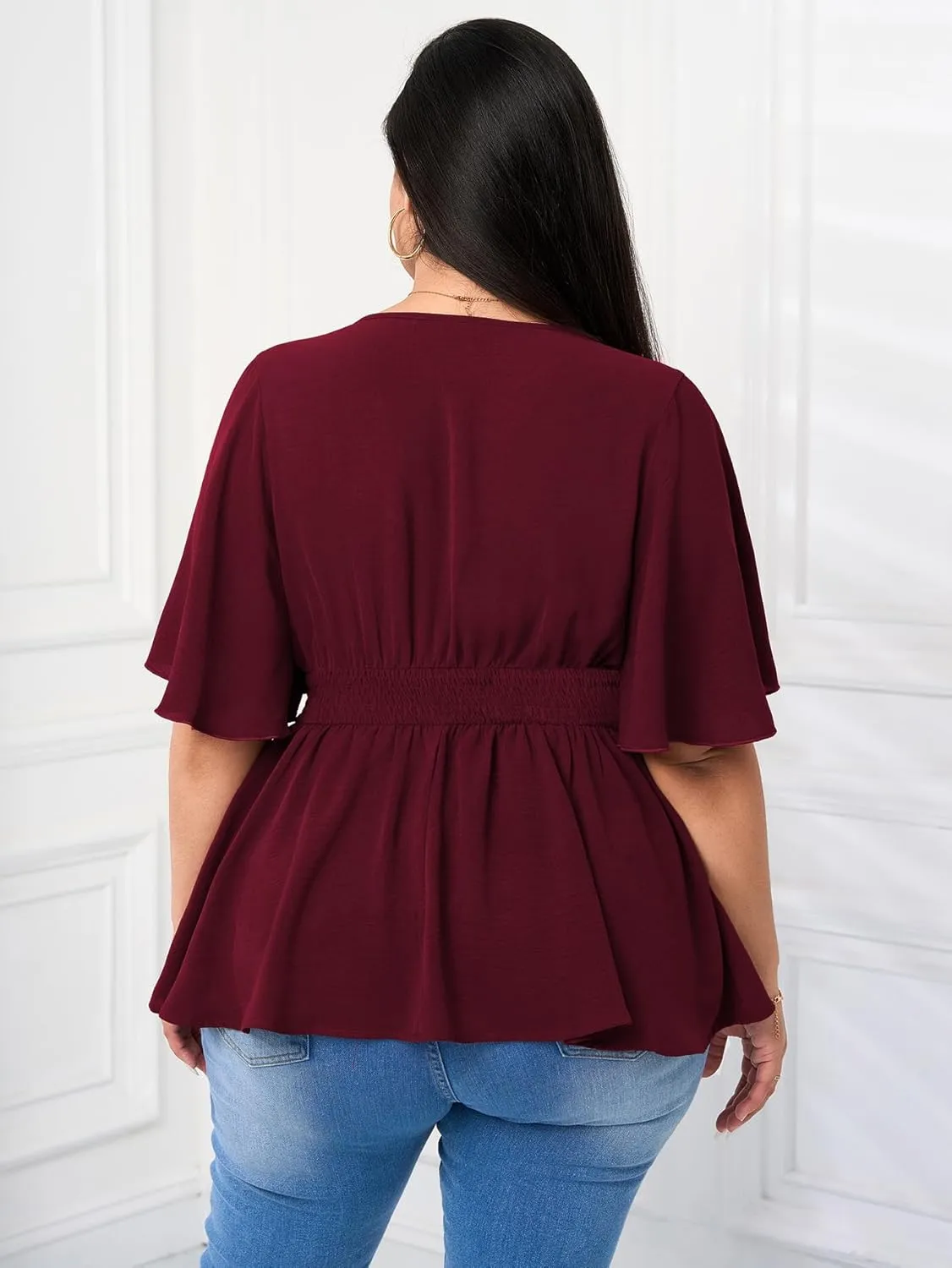 Women's Plus Size Peplum Tops V Neck Short Sleeve Summer Tops Babydoll Dressy Casual Top