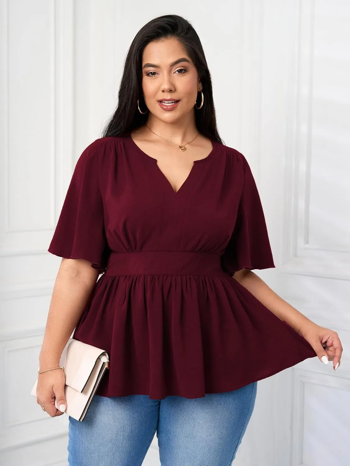 Women's Plus Size Peplum Tops V Neck Short Sleeve Summer Tops Babydoll Dressy Casual Top