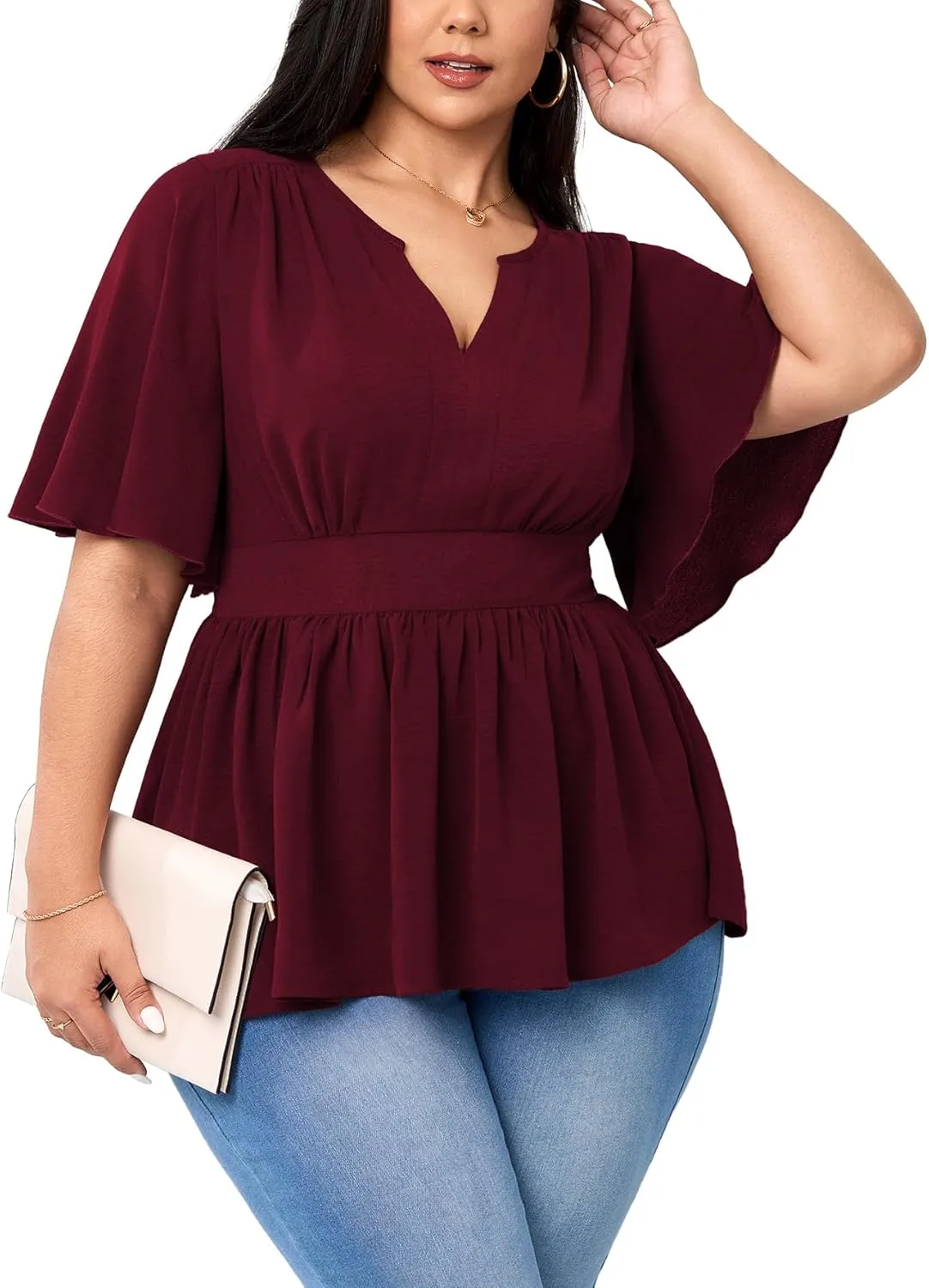Women's Plus Size Peplum Tops V Neck Short Sleeve Summer Tops Babydoll Dressy Casual Top