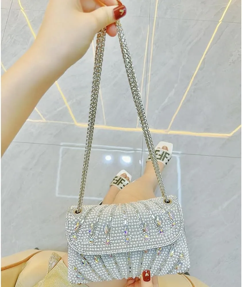 Women's Rhinestone Pearl Clutch Purse Crystal Crossbody Evening Bag Elegant Wedding Bridal Cocktail Party Club Handbag