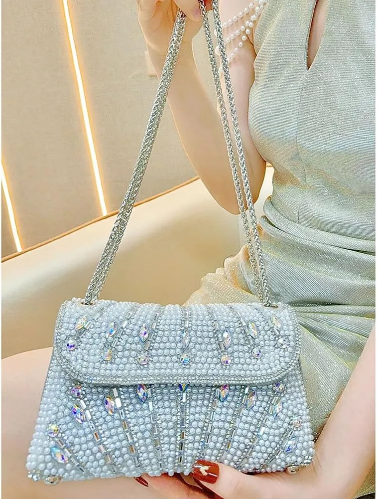 Women's Rhinestone Pearl Clutch Purse Crystal Crossbody Evening Bag Elegant Wedding Bridal Cocktail Party Club Handbag