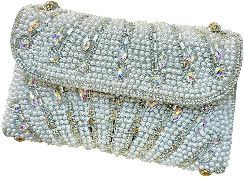 Women's Rhinestone Pearl Clutch Purse Crystal Crossbody Evening Bag Elegant Wedding Bridal Cocktail Party Club Handbag