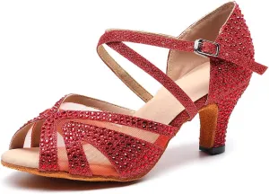 Women's Suede Sole Rhinestone Ballroom Dance Shoes Latin Salsa Glitter Performance Dance Shoes