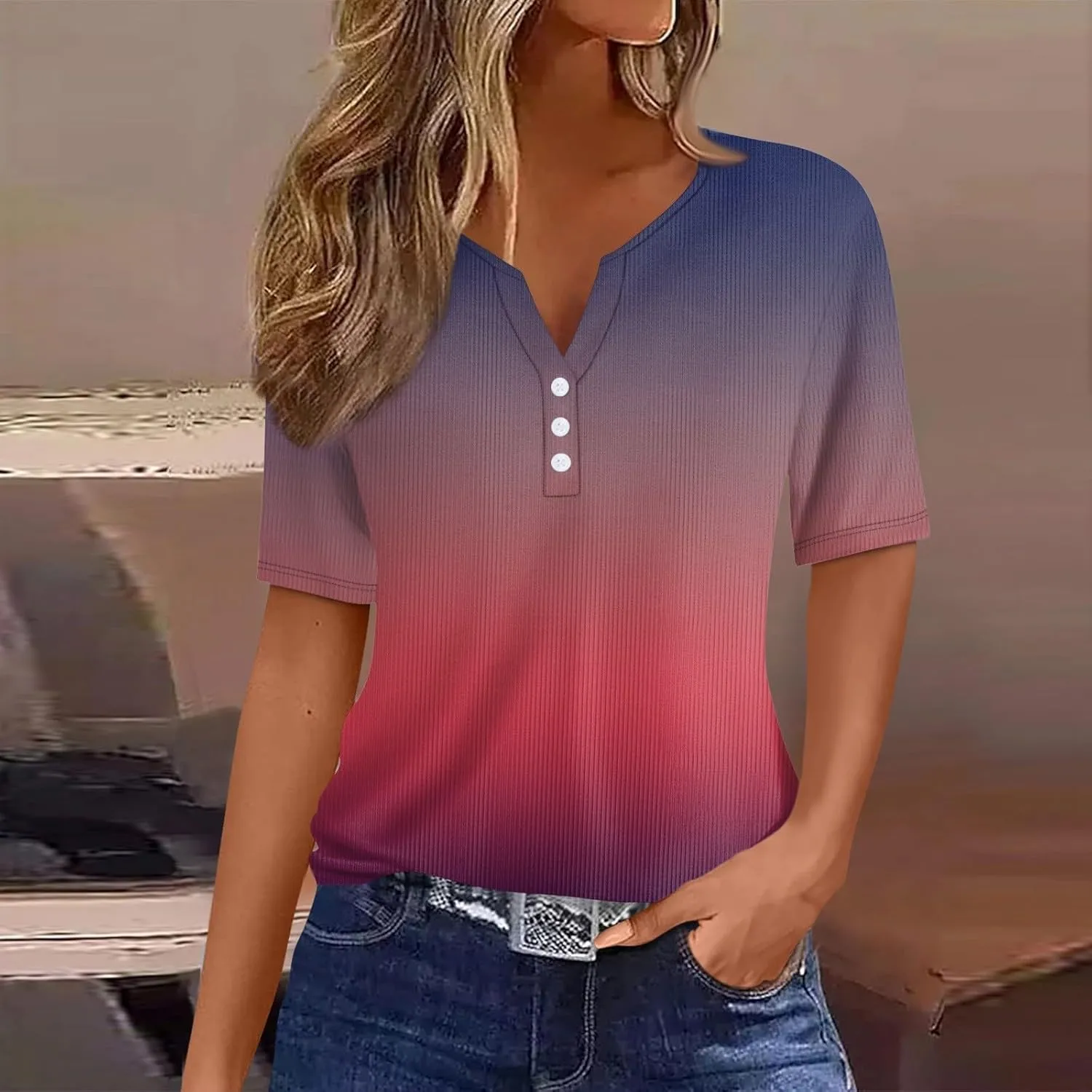 Womens Summer Tops Button Down Short Sleeve Tunics V Neck Tees Floral Print Tops Casual T Shirt Vacation Pullover