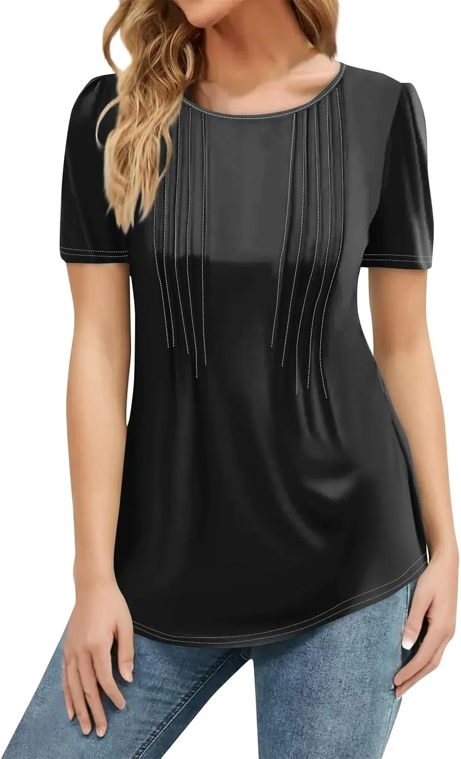 Womens Summer Tops Soild Color O Neck Tunics Short Sleeve Tops Pleated T Shirt Plus Size Pullover Casual Blouse
