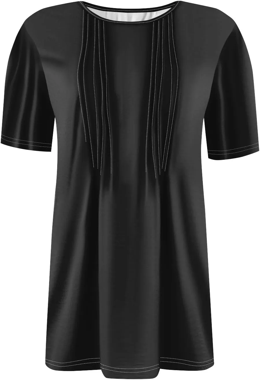 Womens Summer Tops Soild Color O Neck Tunics Short Sleeve Tops Pleated T Shirt Plus Size Pullover Casual Blouse