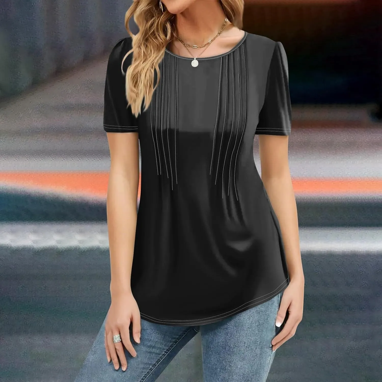 Womens Summer Tops Soild Color O Neck Tunics Short Sleeve Tops Pleated T Shirt Plus Size Pullover Casual Blouse