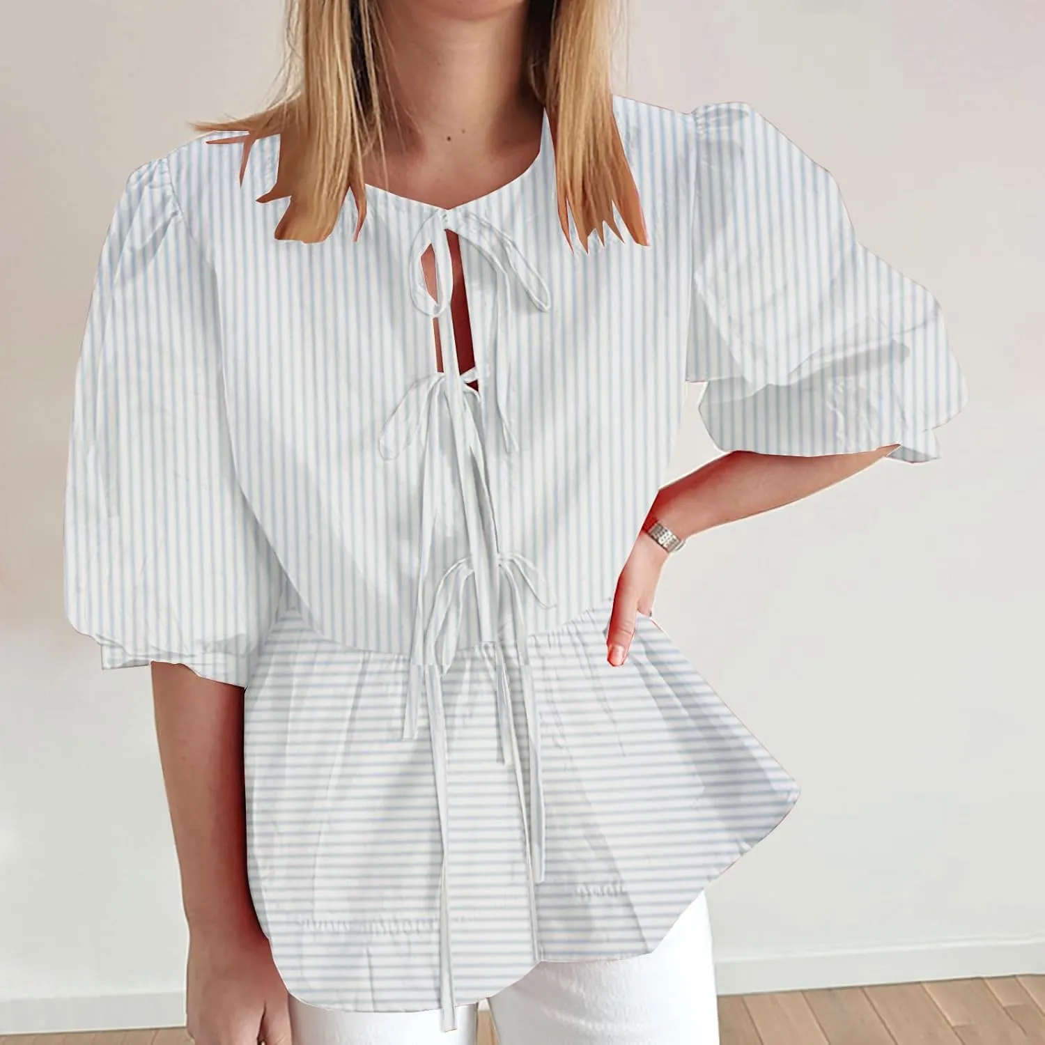Womens Summer Tops Tie Front Peplum Shirts Puff Short Sleeve Plaid Floral Blouse Going Out Dating Girls Fashion Top