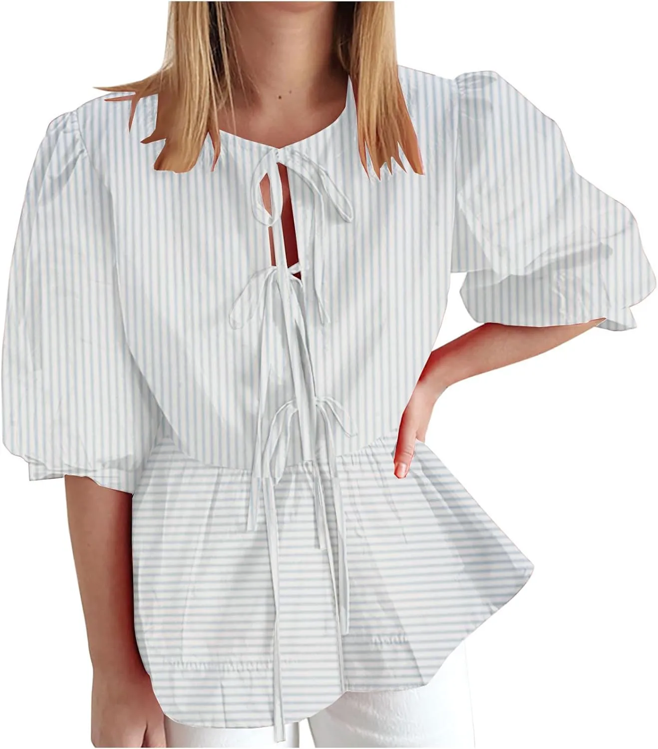 Womens Summer Tops Tie Front Peplum Shirts Puff Short Sleeve Plaid Floral Blouse Going Out Dating Girls Fashion Top