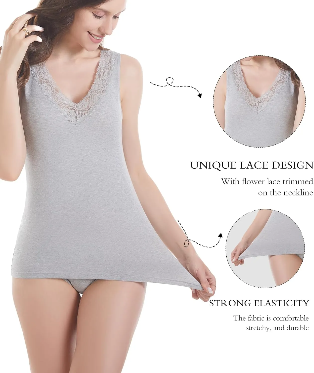 Womens Tank Top Camisoles with Premium Cotton Italian Design - Trimmed with Flower Lace on Neckline