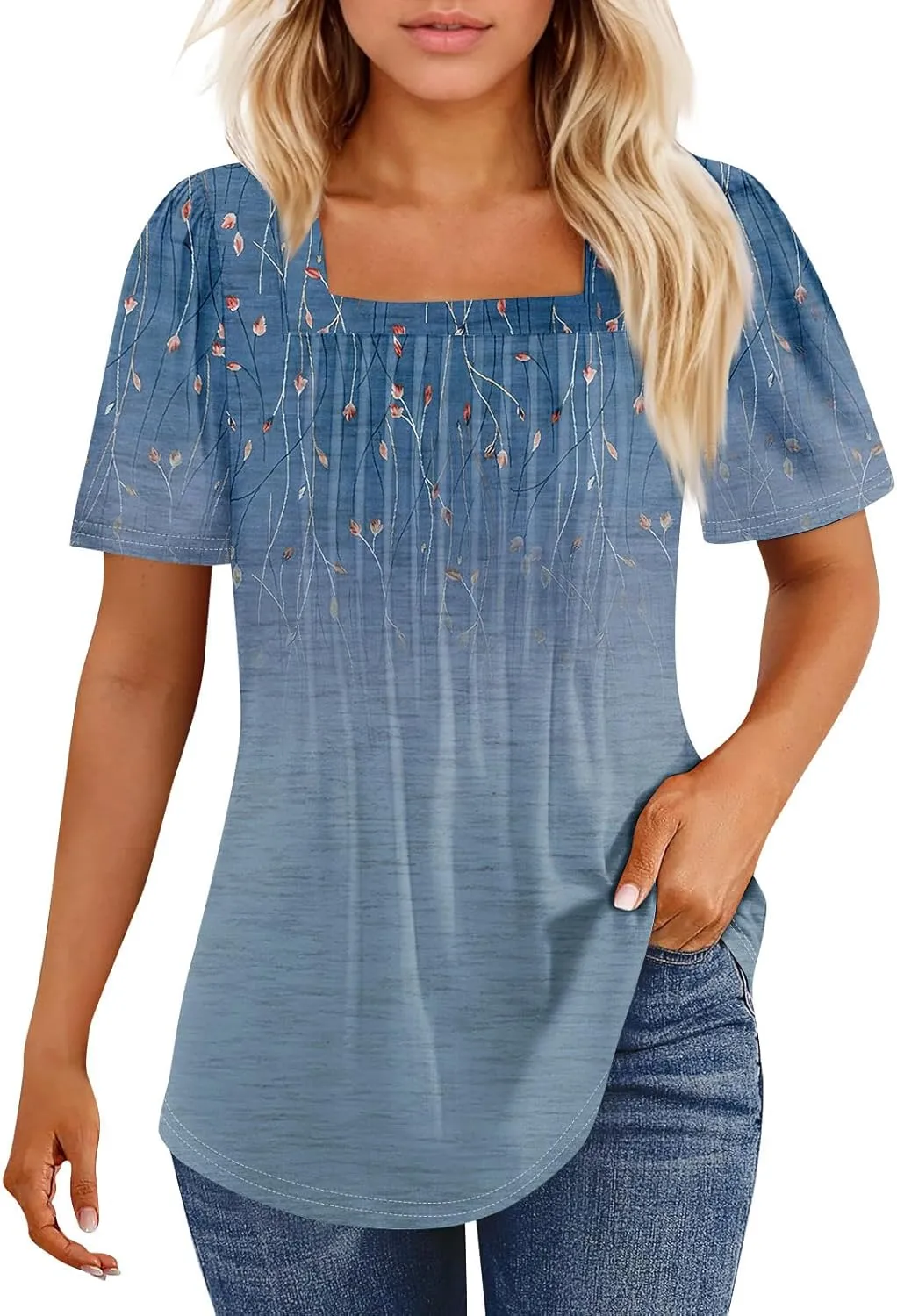 Womens Tops Petal Short Sleeve Summer Casual Crew Neck Shirts Floral Solid Blouse Pleated Tunics