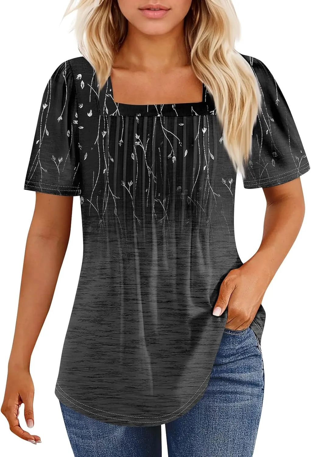 Womens Tops Petal Short Sleeve Summer Casual Crew Neck Shirts Floral Solid Blouse Pleated Tunics