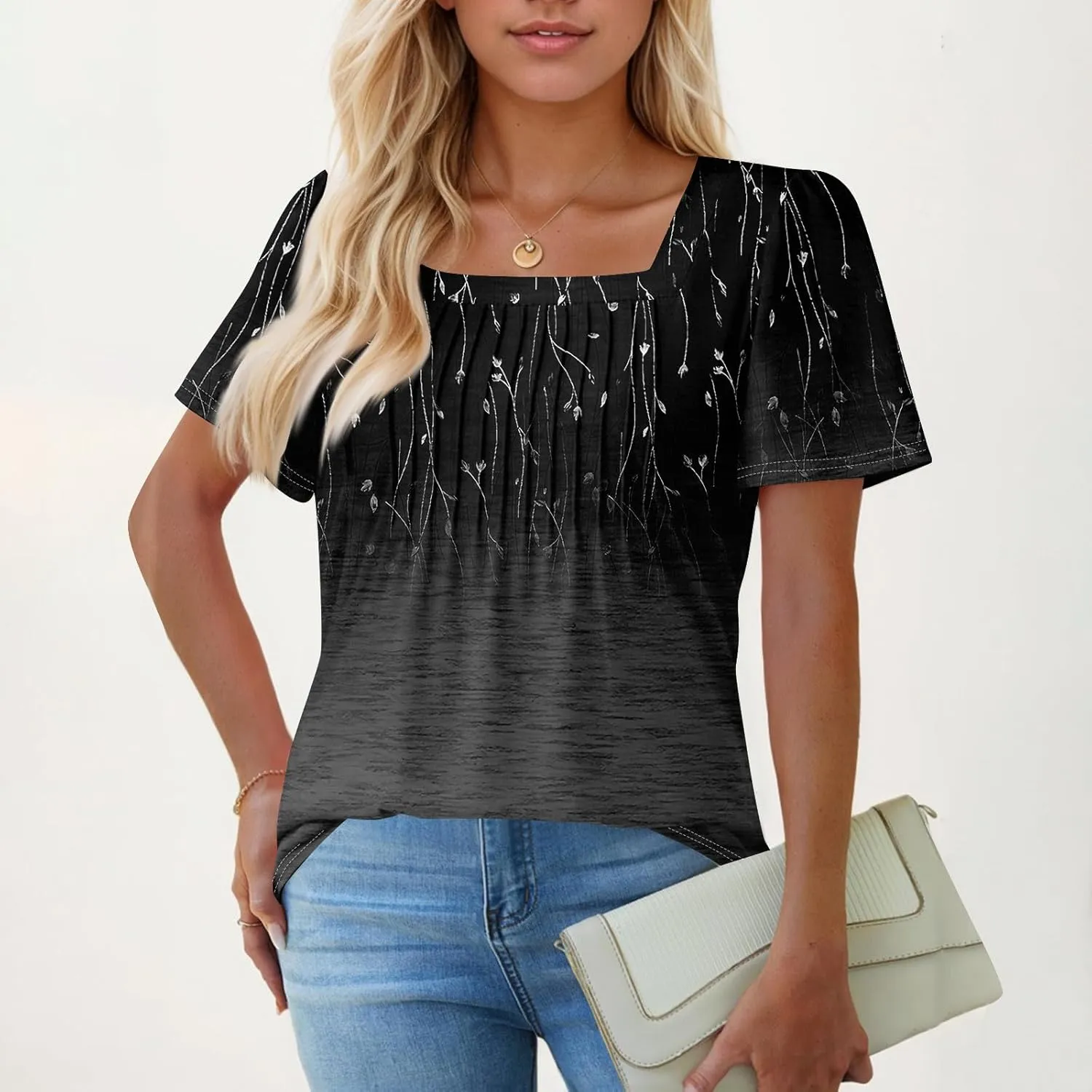 Womens Tops Petal Short Sleeve Summer Casual Crew Neck Shirts Floral Solid Blouse Pleated Tunics
