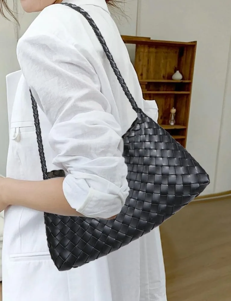 Women's Woven Tote Bag Purse Trendy Woven Shoulder Bag Purses Handbags Handmade Underarm Handbags Vegan Leather Hobo Bag