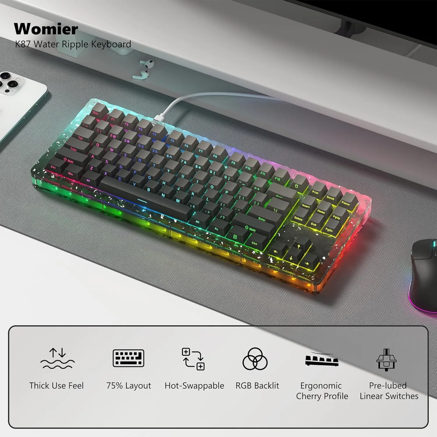 Womier 75% Keyboard CNC Acrylic Clear Mechanical Gaming Keyboard, TKL Custom RGB Key Board with Hot Swappable, Prelubricated Linear Switch Gradual PBT Keycaps for Mac/Win,Black
