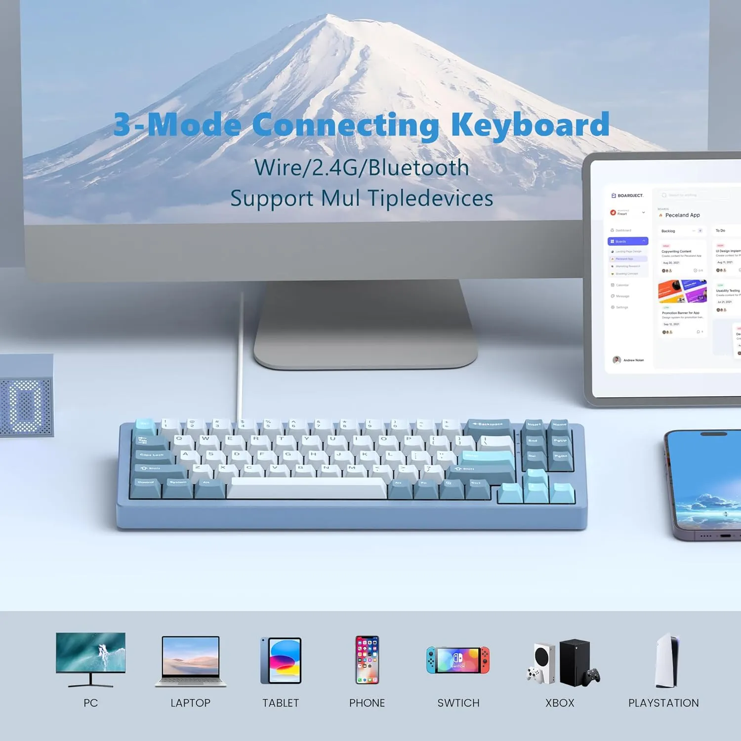 Womier SK71 75% Gaming Keyboard, Aluminum Alloy Shell Wireless Mechanical Creamy Keyboard Bluetooth/2.4G/Wired Hot Swappable Key Board Pre-lubed Switches, Gasket Mounted RGB for Mac/Win (Blue)