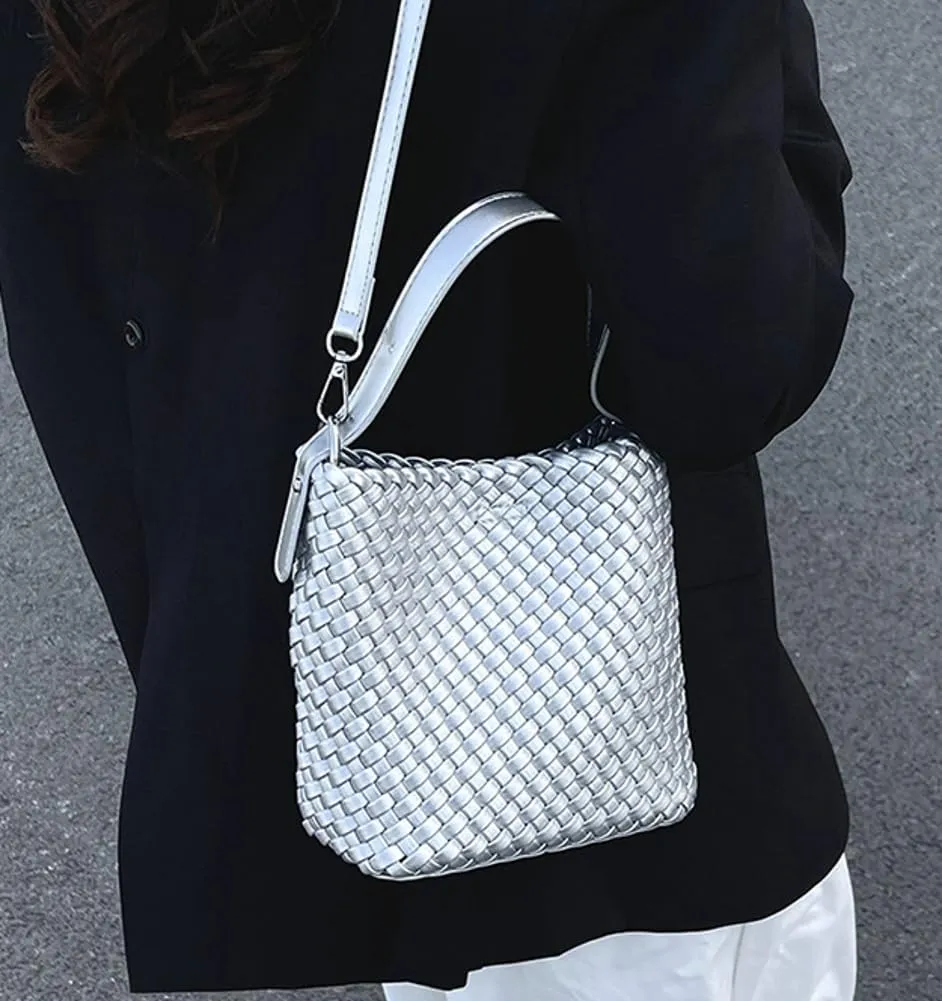 Woven Crossbody Purse Clutch for Women Trendy Woven Tote Bags Shoulder Hobo Bag Satchel Mini PU Leather Top-Handle Handbag