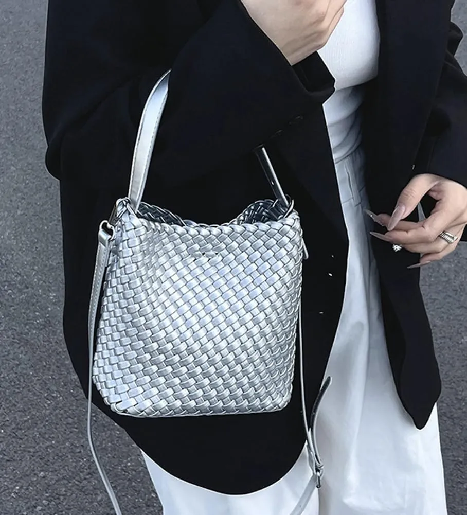 Woven Crossbody Purse Clutch for Women Trendy Woven Tote Bags Shoulder Hobo Bag Satchel Mini PU Leather Top-Handle Handbag