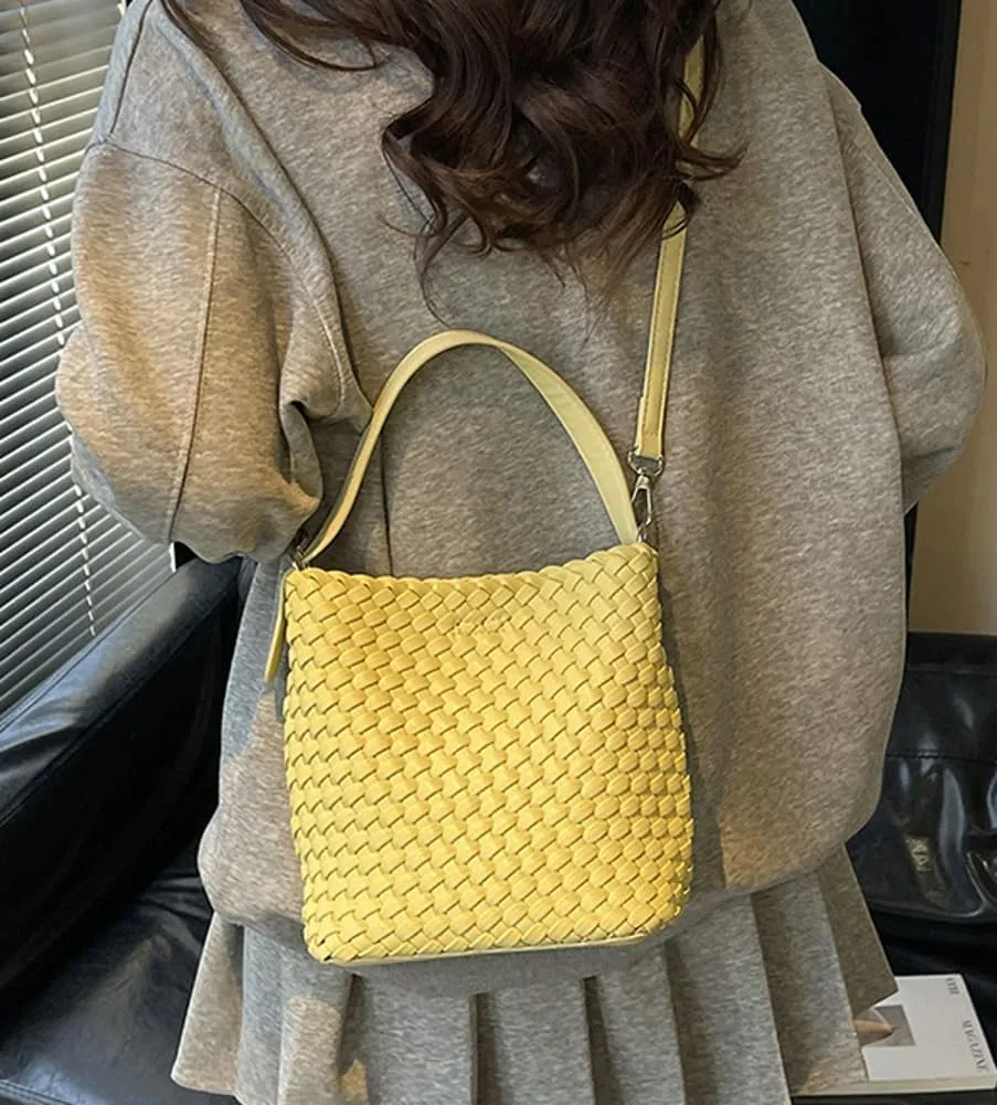 Woven Crossbody Purse Clutch for Women Trendy Woven Tote Bags Shoulder Hobo Bag Satchel Mini PU Leather Top-Handle Handbag