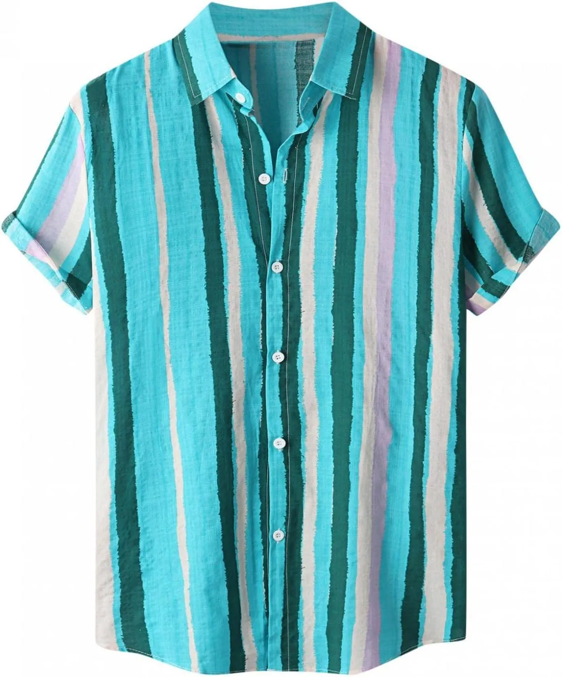 WUAI-Men Cotton Linen Striped Shirts Short Sleeve Button Down Hawaiian Tropical Shirts Vintage Casual Beach Summer Tops