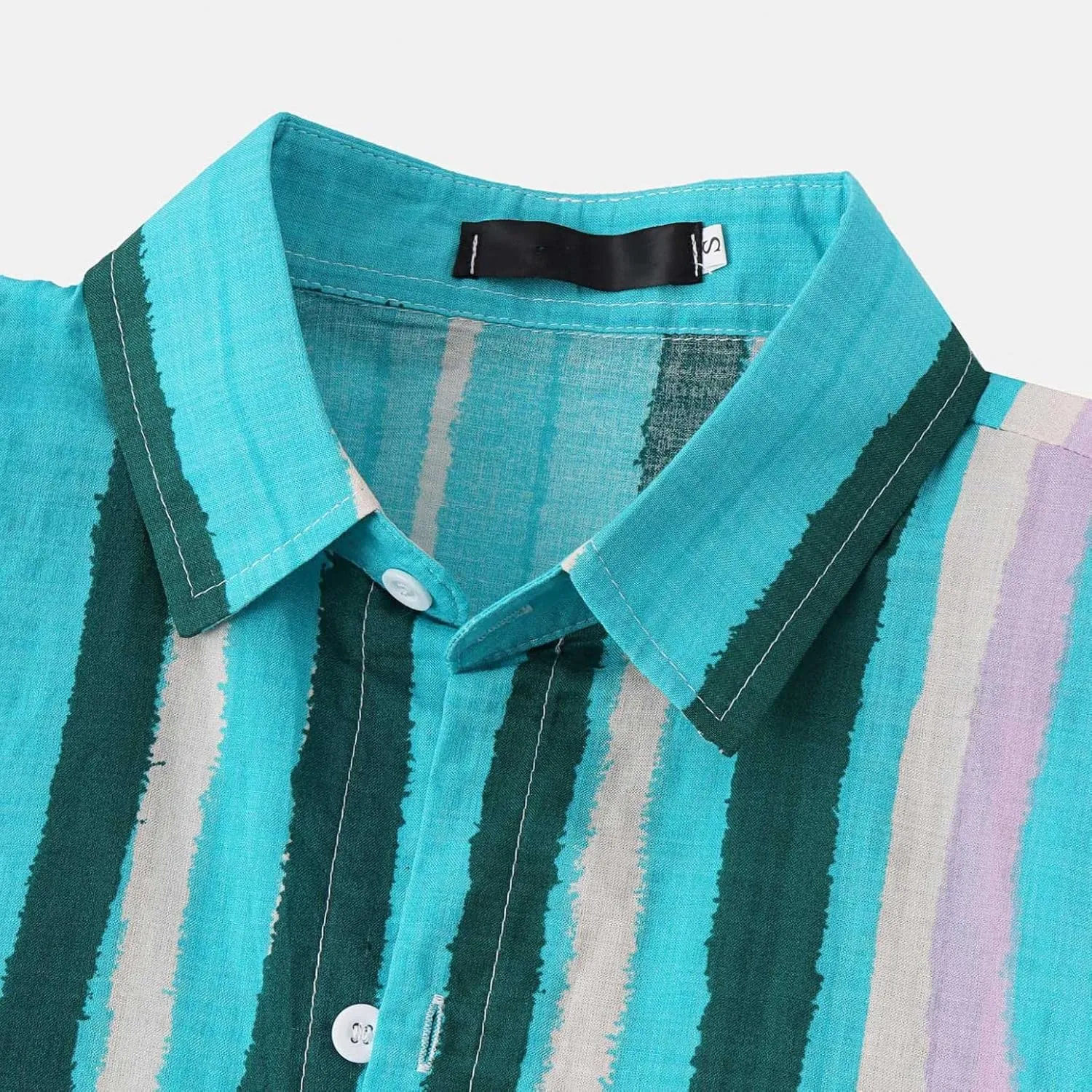 WUAI-Men Cotton Linen Striped Shirts Short Sleeve Button Down Hawaiian Tropical Shirts Vintage Casual Beach Summer Tops