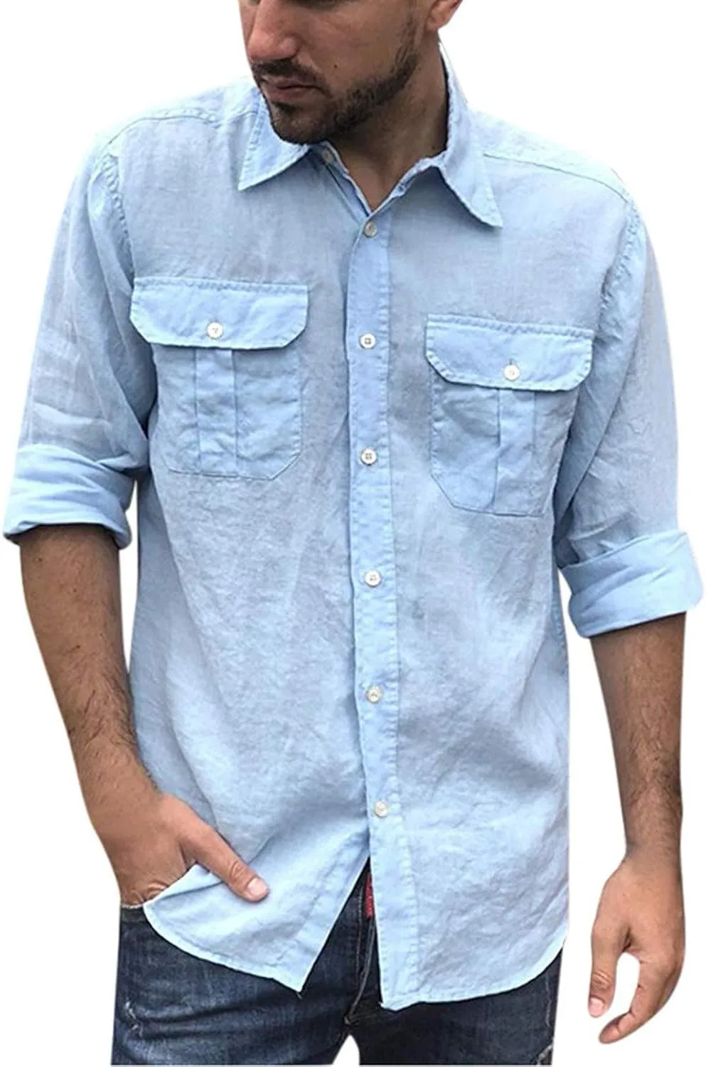 WUAI Mens Linen Button Down Shirts Long Sleeve Loose Hippie Summer Beach Casual Shirt Yoga Tops