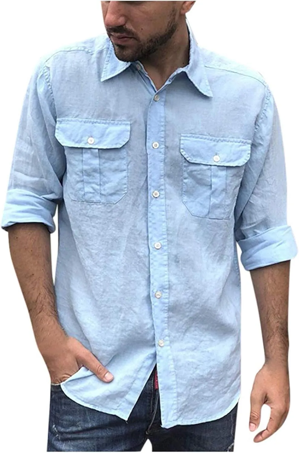WUAI Mens Linen Button Down Shirts Long Sleeve Loose Hippie Summer Beach Casual Shirt Yoga Tops