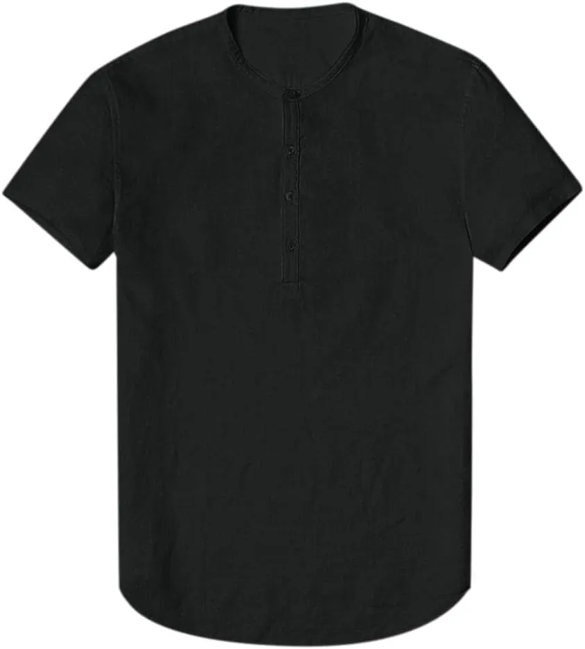 WUAI Summer Lightweight Cotton Linen Henley Shirts for Men Short Sleeve Hippie Casual Beach Yoga Plain Hawaiian T Shirts