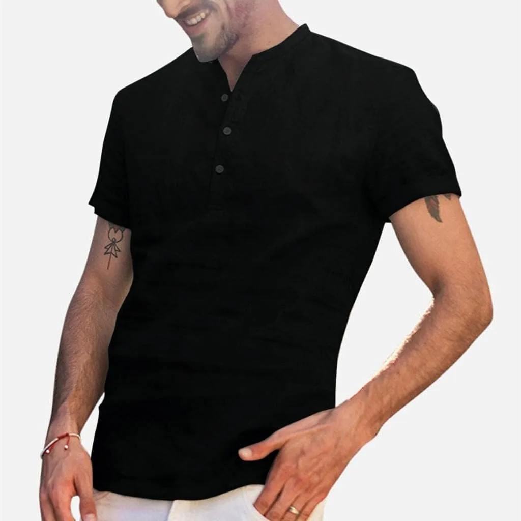 WUAI Summer Lightweight Cotton Linen Henley Shirts for Men Short Sleeve Hippie Casual Beach Yoga Plain Hawaiian T Shirts