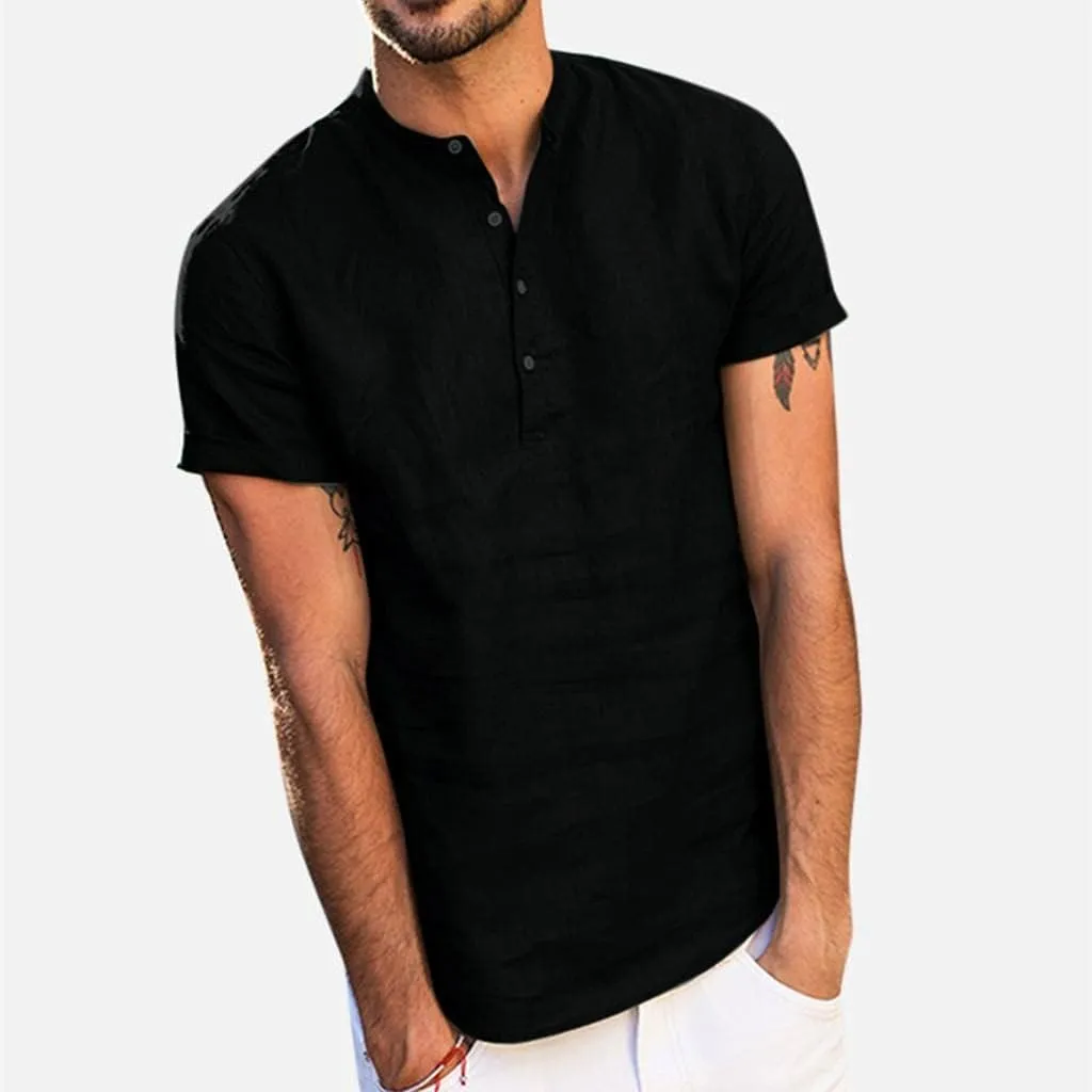 WUAI Summer Lightweight Cotton Linen Henley Shirts for Men Short Sleeve Hippie Casual Beach Yoga Plain Hawaiian T Shirts
