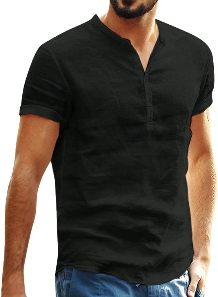 WUAI Summer Lightweight Cotton Linen Henley Shirts for Men Short Sleeve Hippie Casual Beach Yoga Plain Hawaiian T Shirts