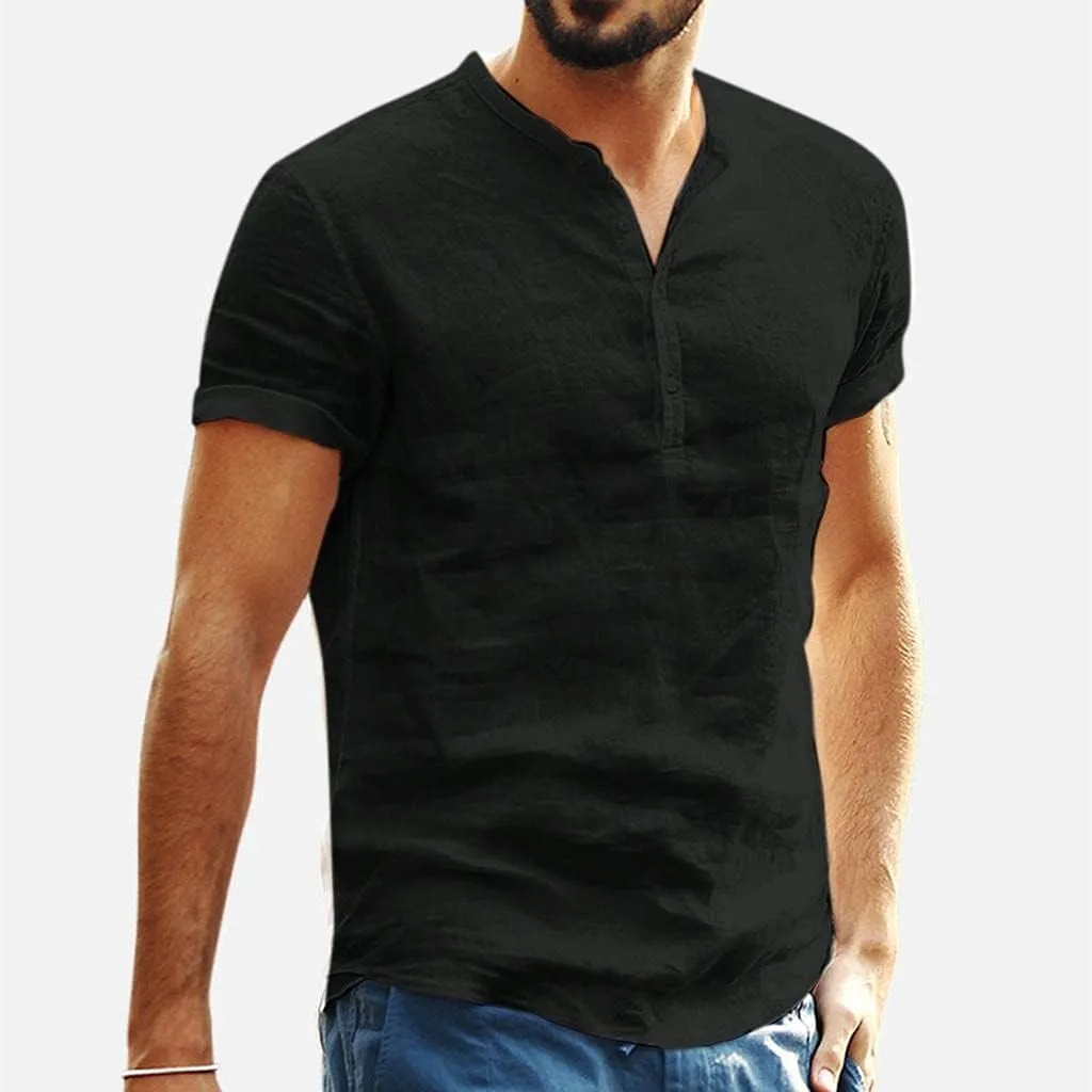 WUAI Summer Lightweight Cotton Linen Henley Shirts for Men Short Sleeve Hippie Casual Beach Yoga Plain Hawaiian T Shirts