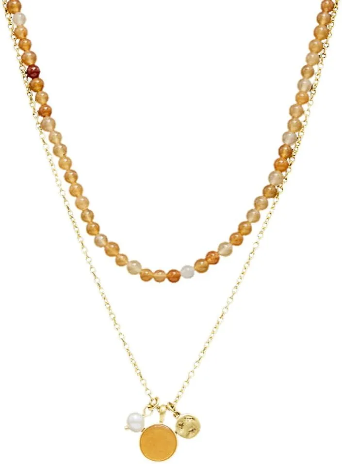 Yellow Natural Stone Bead Necklace for Women - Convertible Double Layer Pearl Pendant Chain, Bohemian Crystal Rhinestone Jewelry Gift for Wife/Mother