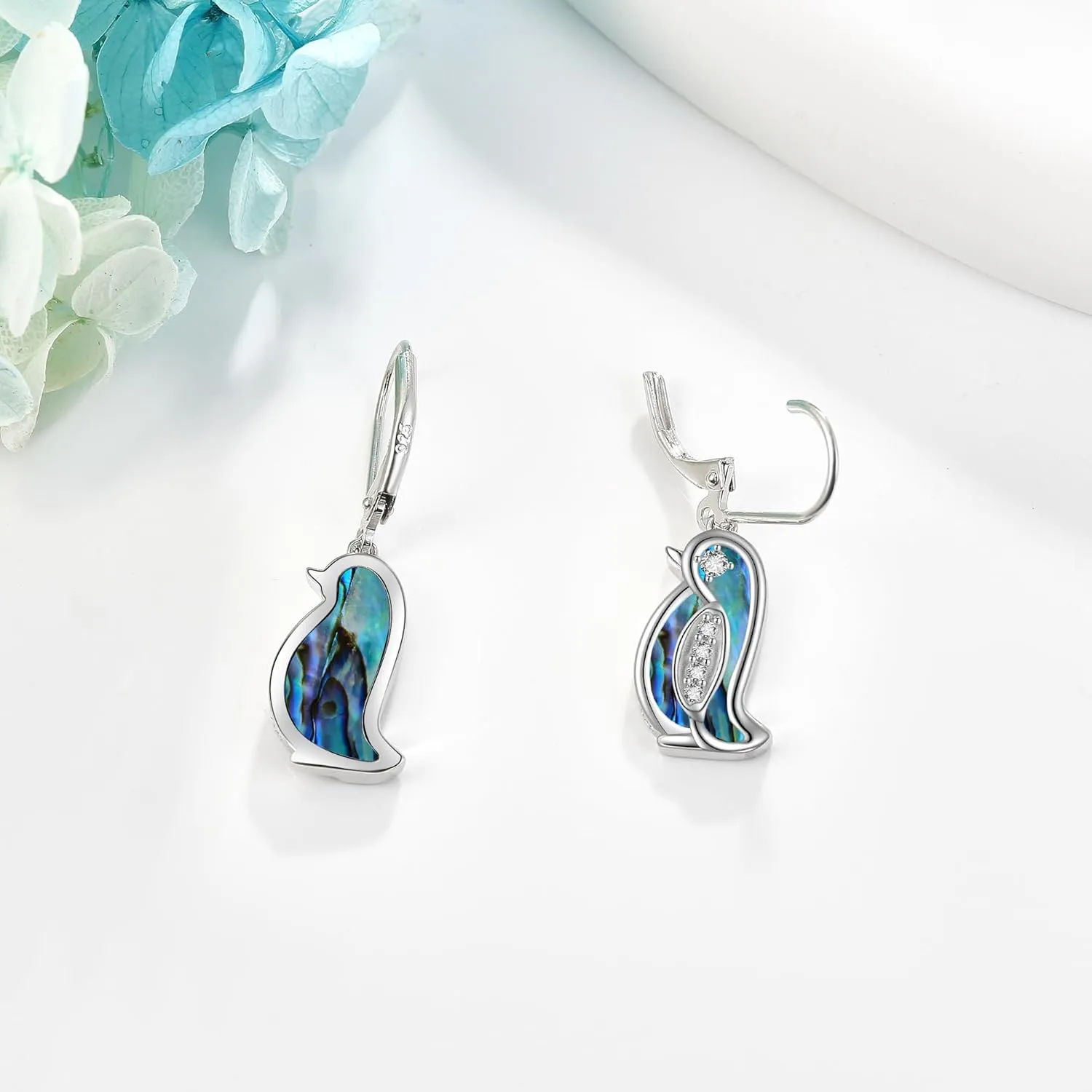 YFN Penguin Sterling Silver Penguin Opal Earrings - Abalone Shell, Dangle Drop Design for Women & Girls Gifts