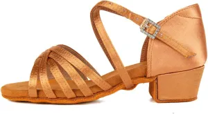 YKXLM Silk Fabric Brown Latin Dance Shoes for Girls Latin Ballroom Dance Shoes Girls with Diamond Buckle,Model US-TL-LP1202-ZSZK,13.5 M Little Kid