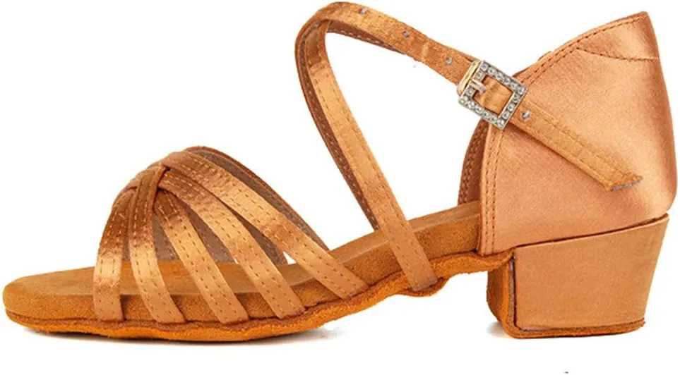 YKXLM Silk Fabric Brown Latin Dance Shoes for Girls Latin Ballroom Dance Shoes Girls with Diamond Buckle,Model US-TL-LP1202-ZSZK,13.5 M Little Kid