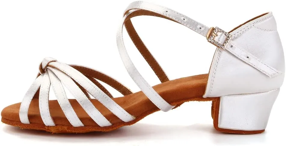 YKXLM Silk Fabric White Latin Dance Shoes for Girls Latin Ballroom Dance Shoes Girls with Diamond Buckle,Model US-TL-LP1203-ZSZK, 2.5 M Little Kid