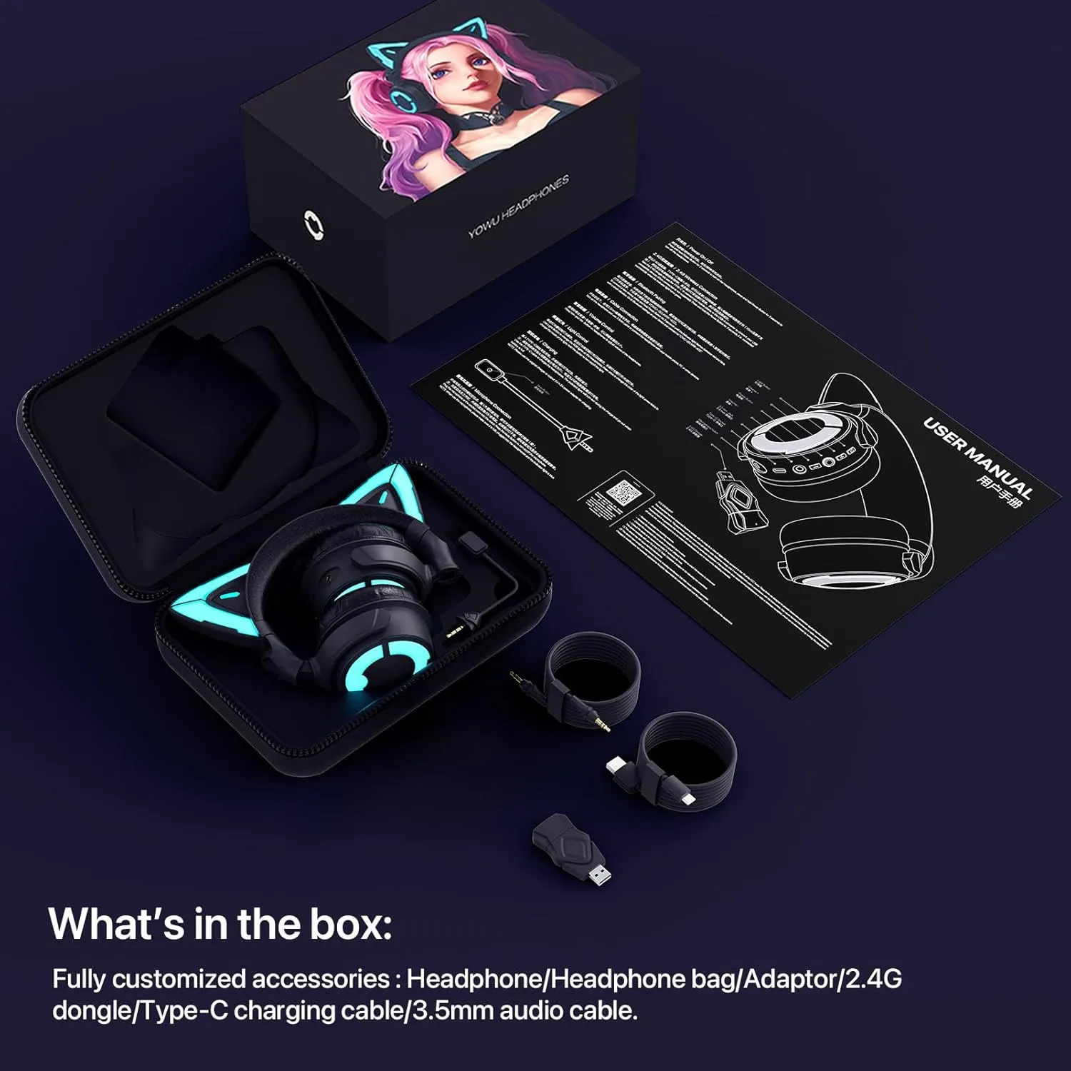YOWU Cat Ear Headphones 4GS - RGB Gaming Headset with Mic & 2.4G USB/Type C Dongle for PC/PS4/PS5/XBOX/Switch, Wired/Wireless Bluetooth Headphones(Black)