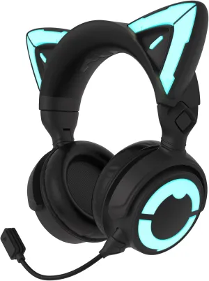 YOWU Cat Ear Headphones 4GS - RGB Gaming Headset with Mic & 2.4G USB/Type C Dongle for PC/PS4/PS5/XBOX/Switch, Wired/Wireless Bluetooth Headphones(Black)