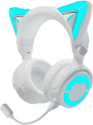 YOWU Cat Ear Headphones 4GS - RGB Gaming Headset with Mic & 2.4G USB/Type C Dongle for PC/PS4/PS5/XBOX/Switch, Wired/Wireless Bluetooth Headphones(White)