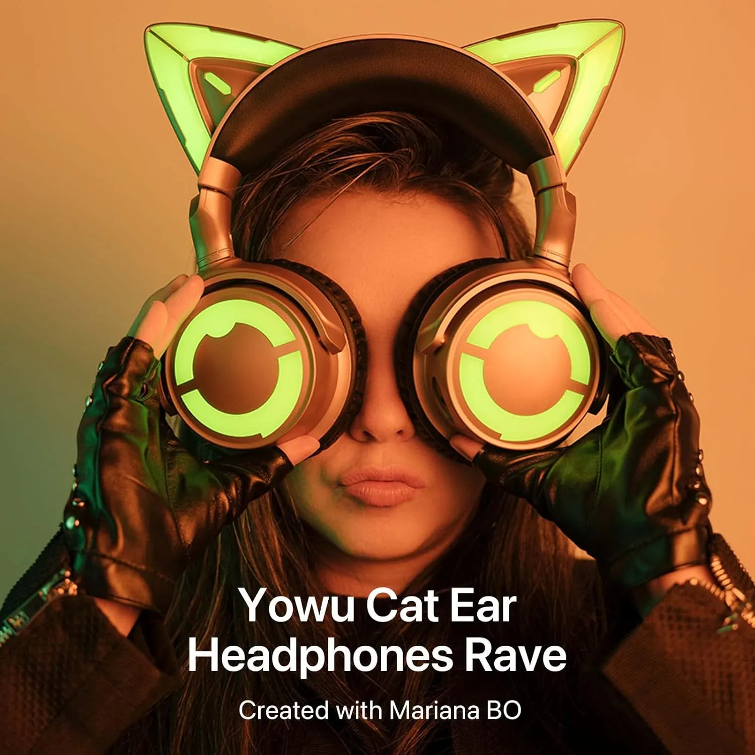 YOWU Cat Ear Headphones DJ, RGB Wireless & Wired Gaming Headset with Microphone for PC/PS4/PS5/XBOX/Switch, Customizable Lighting and Effec for Gamer(Gold)