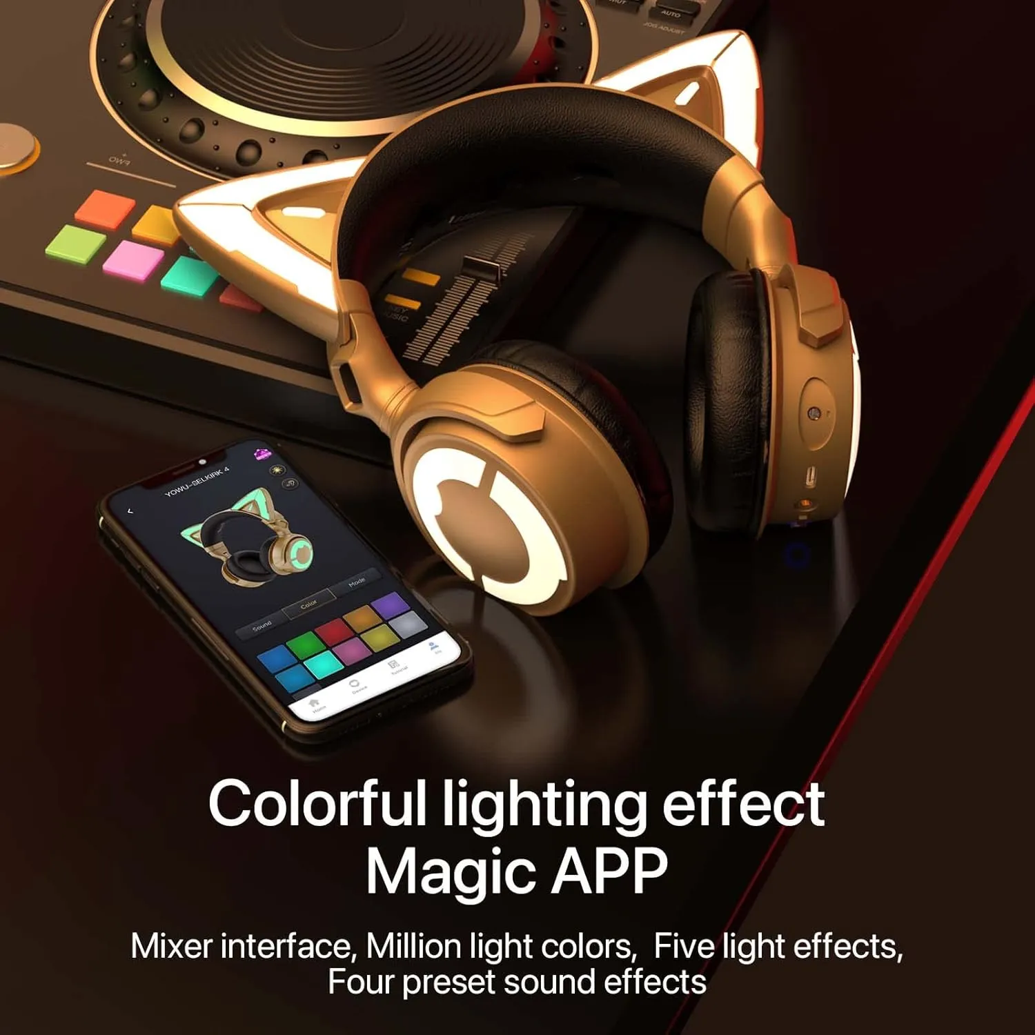 YOWU Cat Ear Headphones DJ, RGB Wireless & Wired Gaming Headset with Microphone for PC/PS4/PS5/XBOX/Switch, Customizable Lighting and Effec for Gamer(Gold)