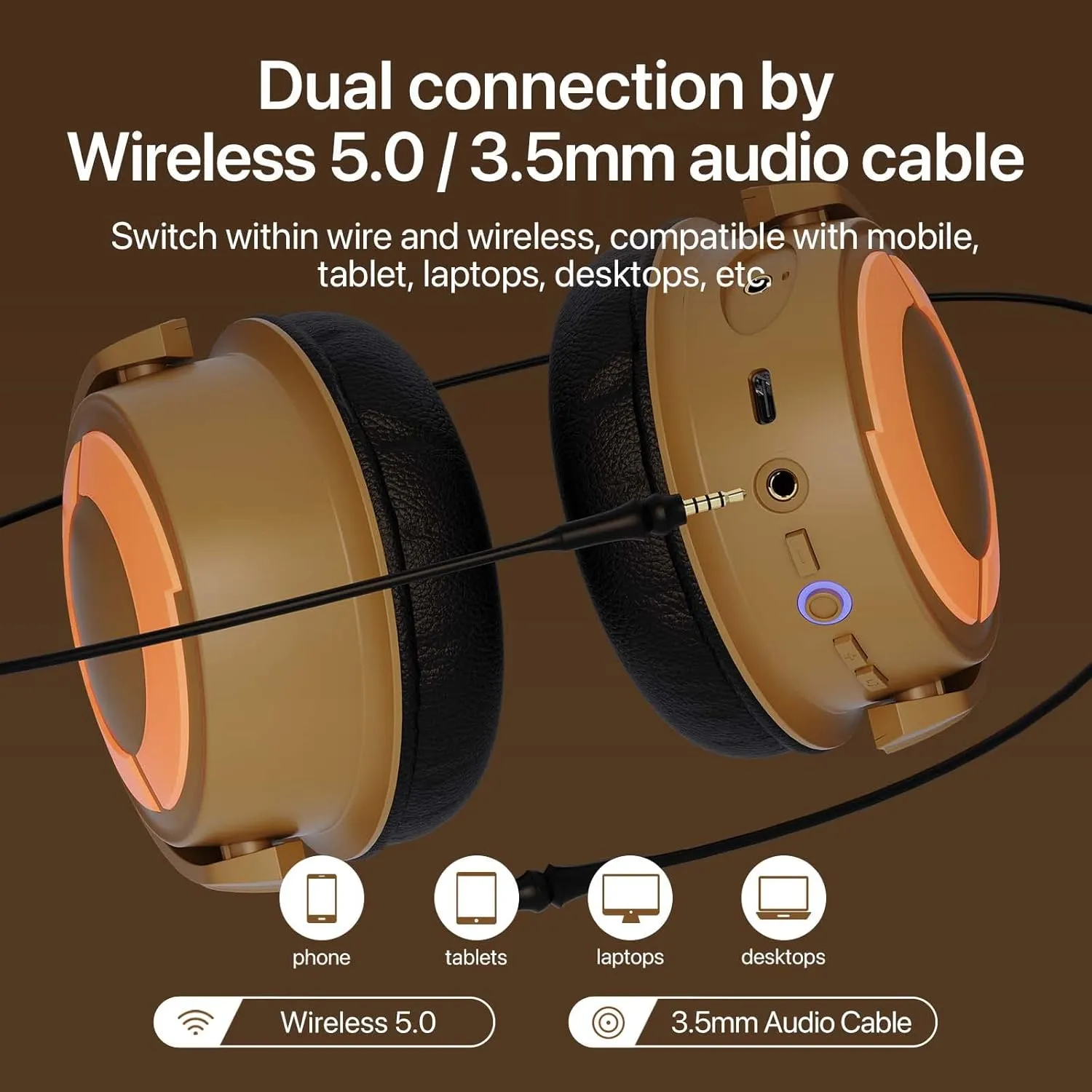 YOWU Cat Ear Headphones DJ, RGB Wireless & Wired Gaming Headset with Microphone for PC/PS4/PS5/XBOX/Switch, Customizable Lighting and Effec for Gamer(Gold)