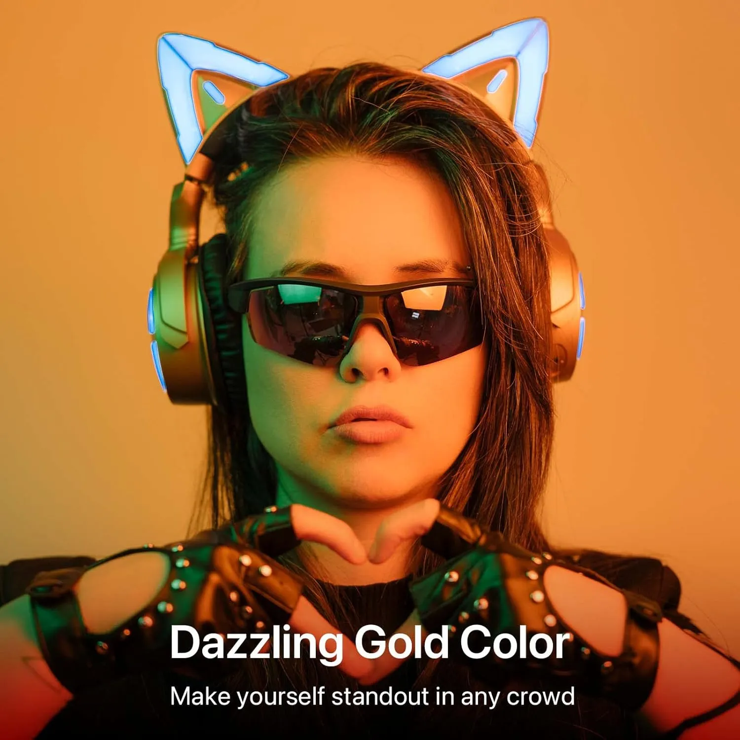YOWU Cat Ear Headphones DJ, RGB Wireless & Wired Gaming Headset with Microphone for PC/PS4/PS5/XBOX/Switch, Customizable Lighting and Effec for Gamer(Gold)