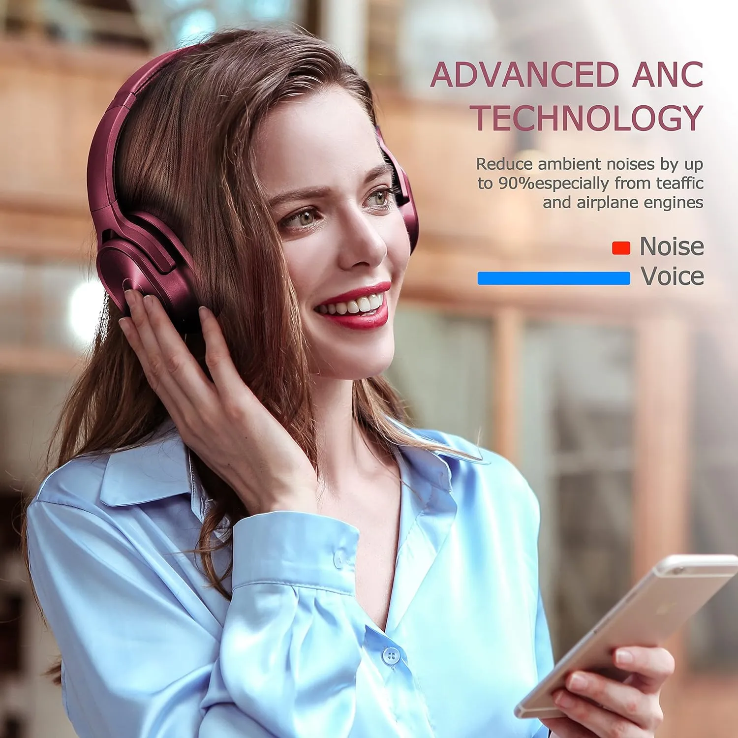 ZIHNIC Active Noise Cancelling Headphones, 40H Playtime Wireless Bluetooth Headset with Deep Bass Hi-Fi Stereo Sound,Comfortable Earpads for Travel/Home/Office (Red)